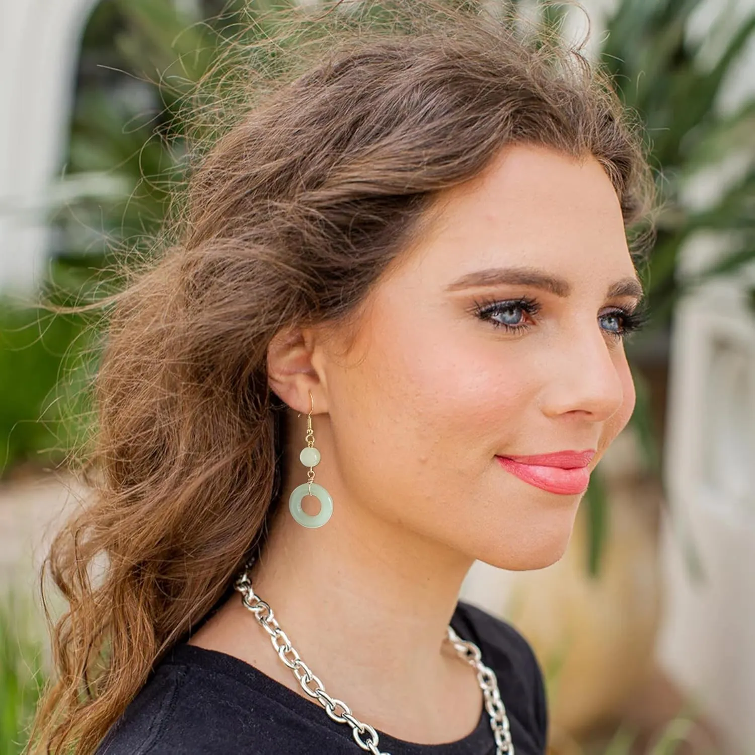 18K Gold Plated Natural Stone Earrings for Women, Circle Disc Dangle Drop Earrings, Lightweight Elegant Gemstone Jewelry for Daily Wear, Party, Anniversary,Gift for Her