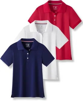 3 Pack Youth Girls' Performance Polo Shirts, Short Sleeve Pique Collared Kids School Uniform Tops