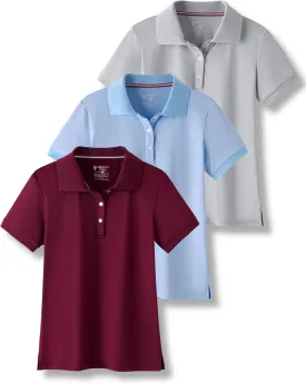 3 Pack Youth Girls' Performance Polo Shirts, Short Sleeve Pique Collared Kids School Uniform Tops