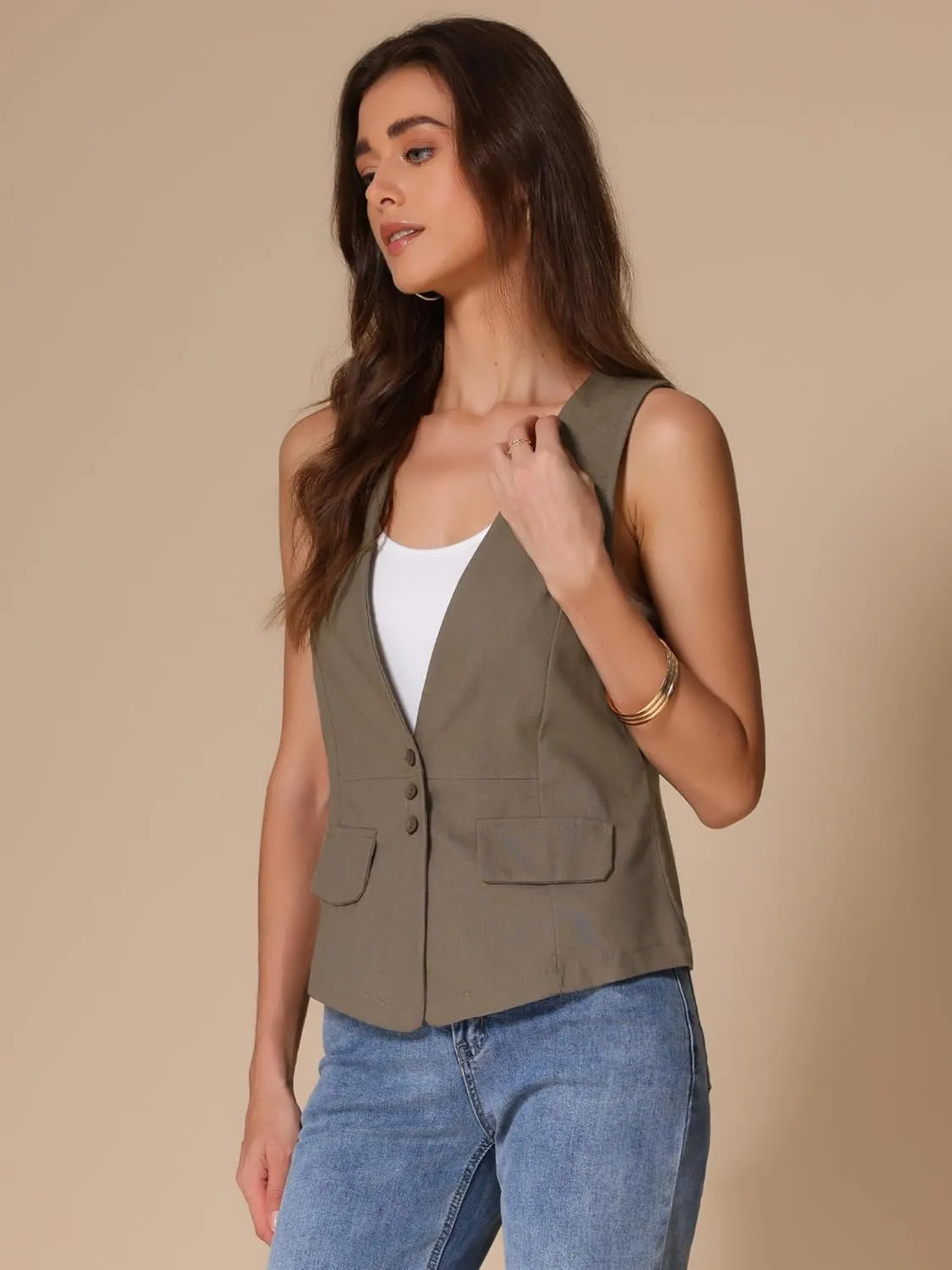 Allegra K Women's Casual Linen Vest Loose Sleeveless Blazer Lightweight Jacket Waistcoat