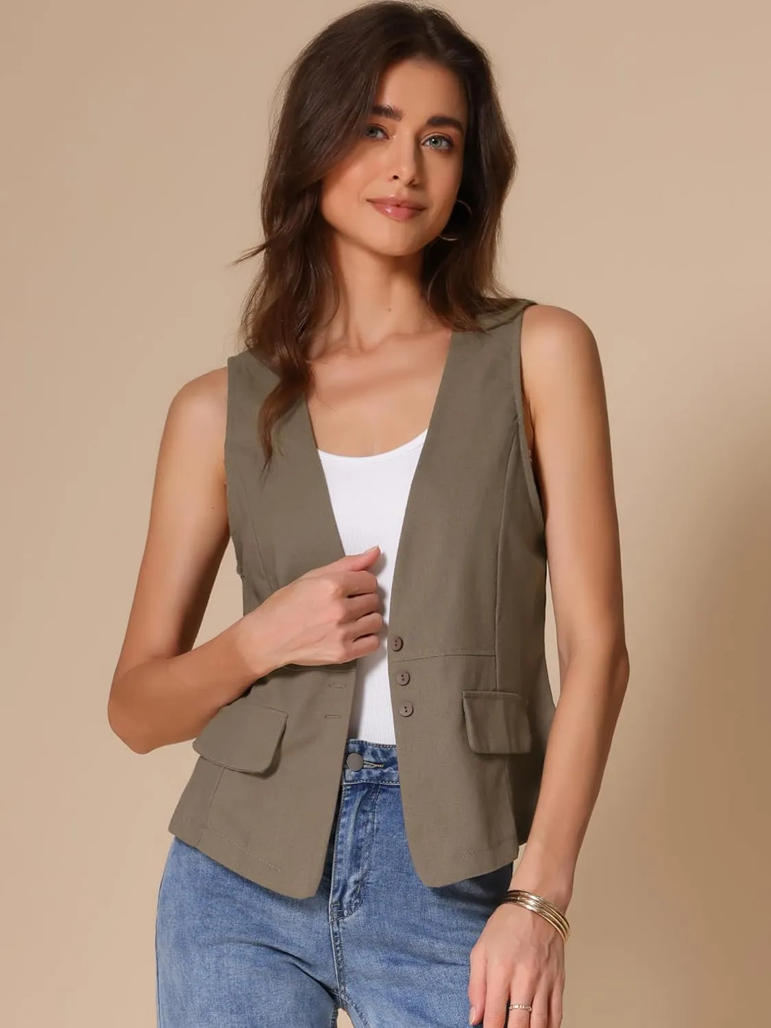 Allegra K Women's Casual Linen Vest Loose Sleeveless Blazer Lightweight Jacket Waistcoat