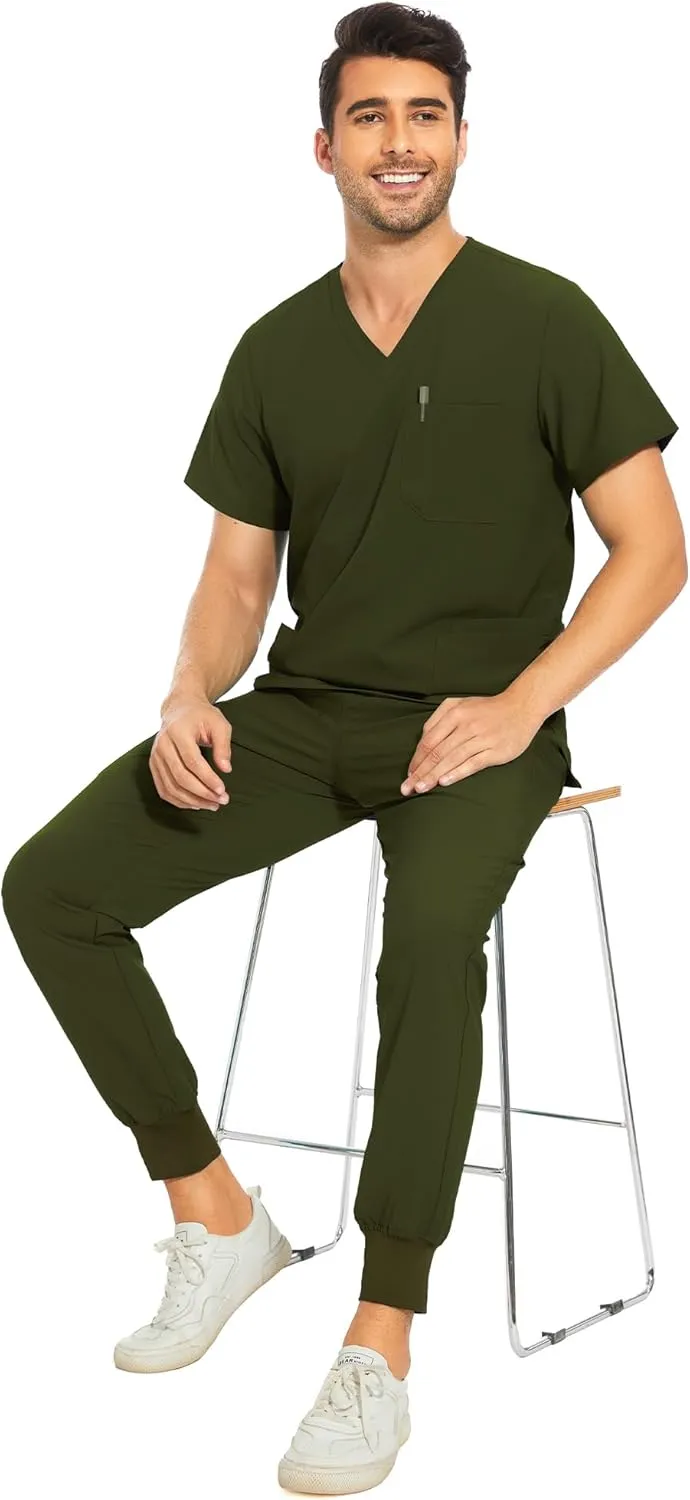 COZYFIT Men Scrubs Set  Stretch V-Neck Scrub Top & Jogger Pant with 8 Pockets, Yoga Waistband, Anti-Wrinkle Scrubs for Men