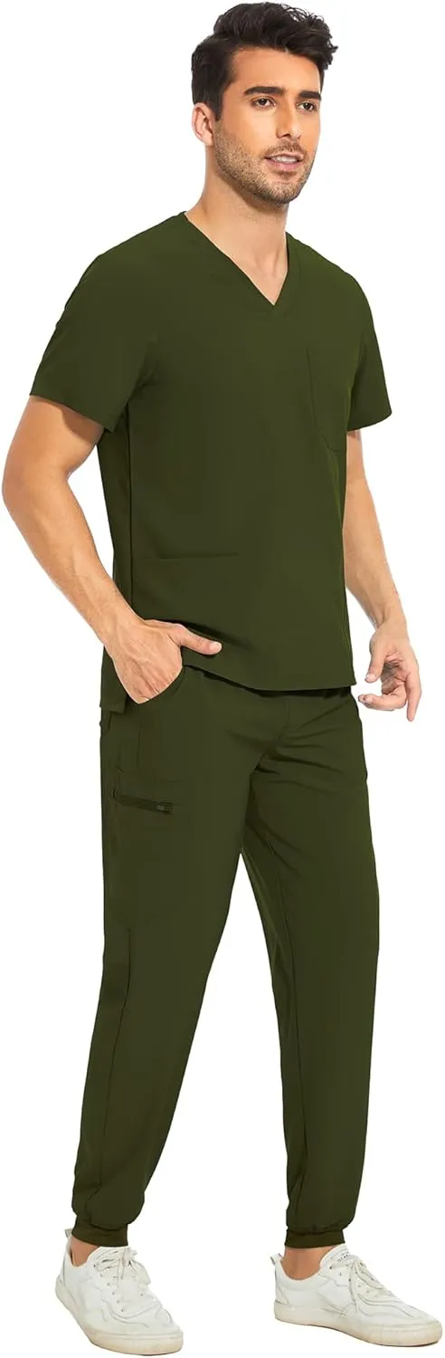 COZYFIT Men Scrubs Set  Stretch V-Neck Scrub Top & Jogger Pant with 8 Pockets, Yoga Waistband, Anti-Wrinkle Scrubs for Men
