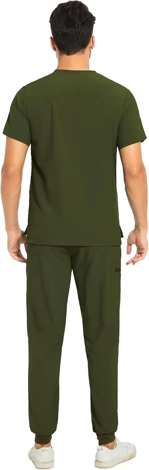 COZYFIT Men Scrubs Set  Stretch V-Neck Scrub Top & Jogger Pant with 8 Pockets, Yoga Waistband, Anti-Wrinkle Scrubs for Men