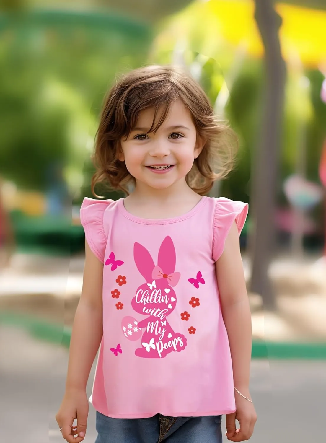 DDSOL T-Shirts Baby Girls Summer Ruffle Sleeve Shirts Toddler Cotton Tees Kids Easter Bunny Tank Tops 2-7 Years