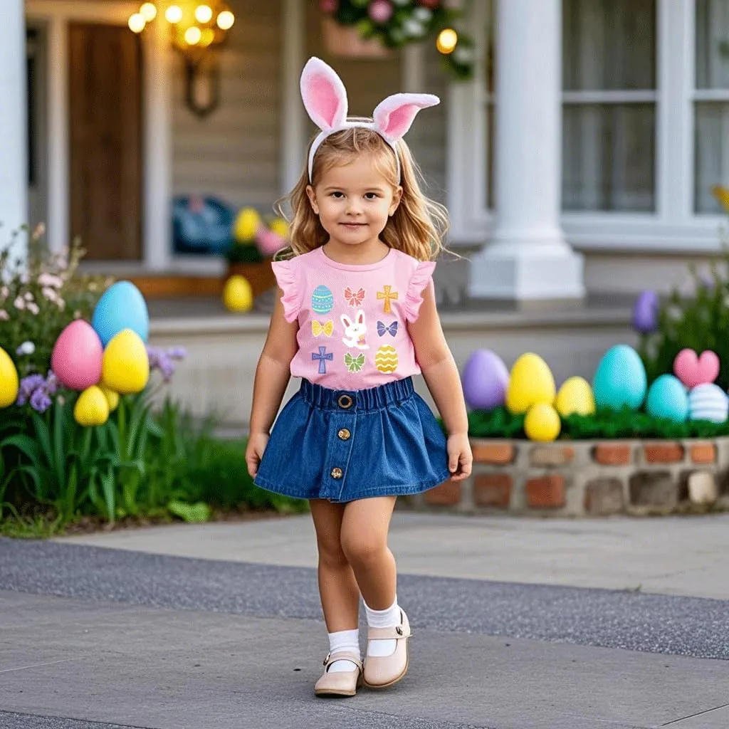 DDSOL T-Shirts Baby Girls Summer Ruffle Sleeve Shirts Toddler Cotton Tees Kids Easter Bunny Tank Tops 2-7 Years
