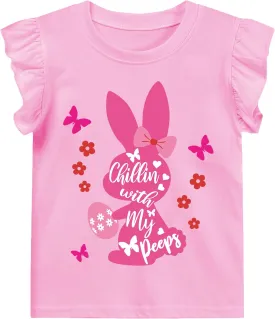 DDSOL T-Shirts Baby Girls Summer Ruffle Sleeve Shirts Toddler Cotton Tees Kids Easter Bunny Tank Tops 2-7 Years