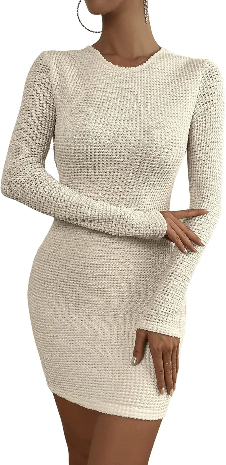 Floerns Women's Solid Long Sleeve Backless Tie Back Bodycon Mini Dress