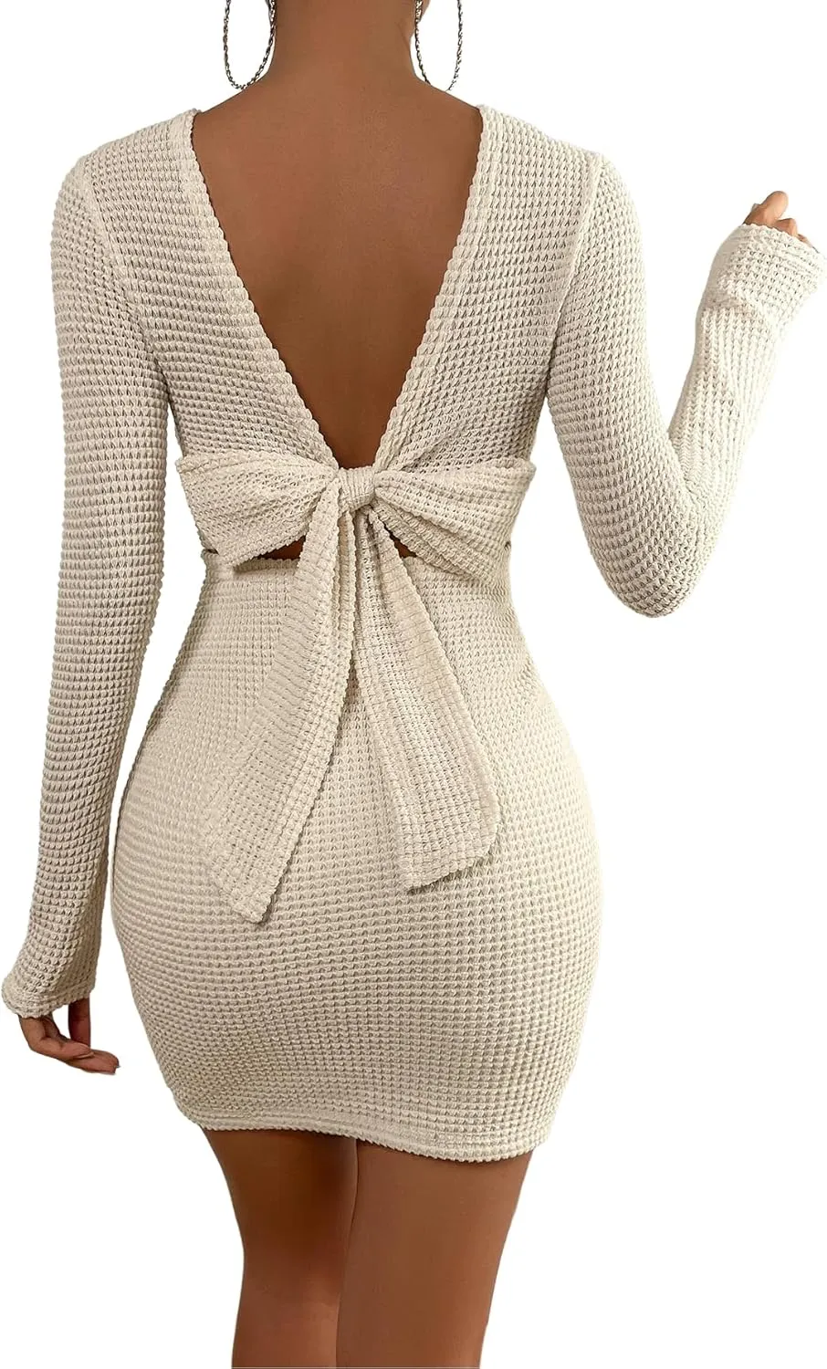 Floerns Women's Solid Long Sleeve Backless Tie Back Bodycon Mini Dress