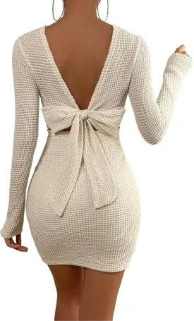Floerns Women's Solid Long Sleeve Backless Tie Back Bodycon Mini Dress