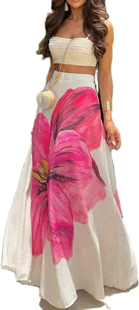 Floral Maxi Skirts for Women Summer Elastic High Waist A-Line Boho Beach Long Skirts Ruffle Flowy Skirts Streetwear