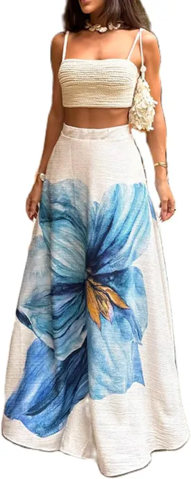 Floral Maxi Skirts for Women Summer Elastic High Waist A-Line Boho Beach Long Skirts Ruffle Flowy Skirts Streetwear