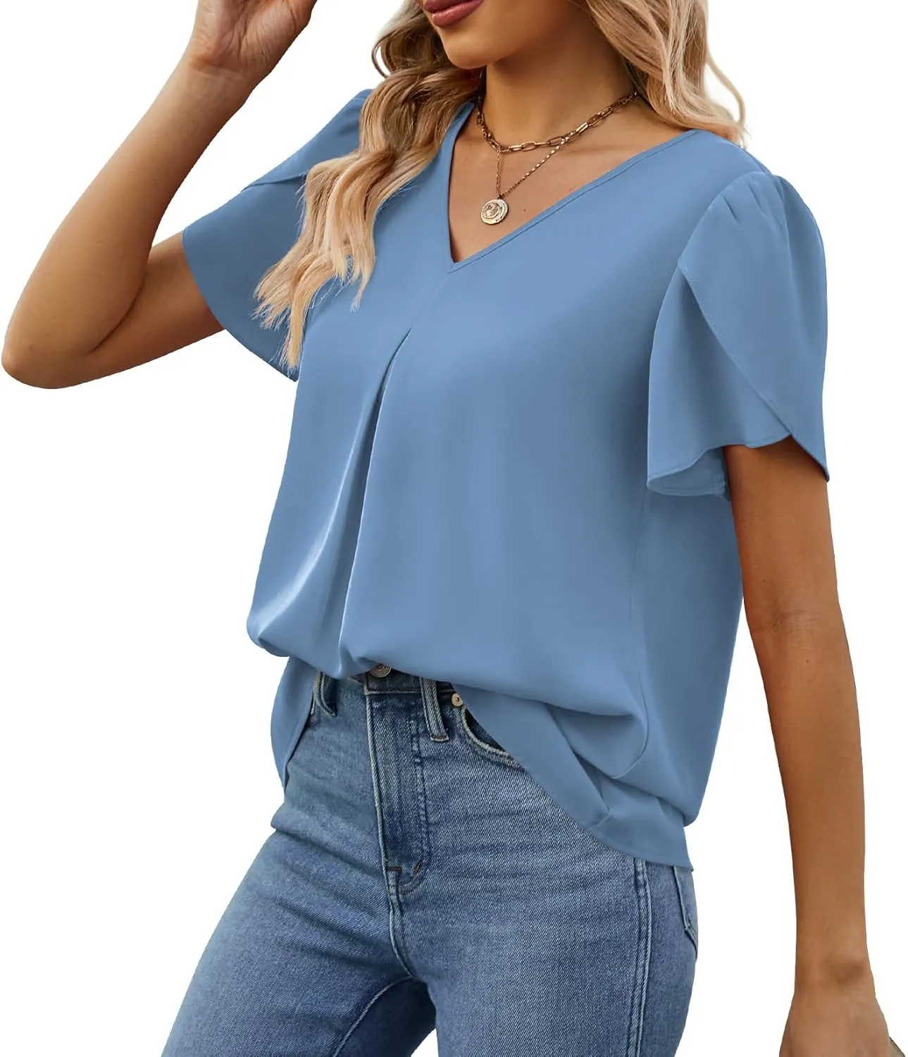 Funlingo Women's Summer Tops Short Sleeve Dressy Chiffon Blouses V Neck Work Tunic Tops Casual Loose T-Shirts