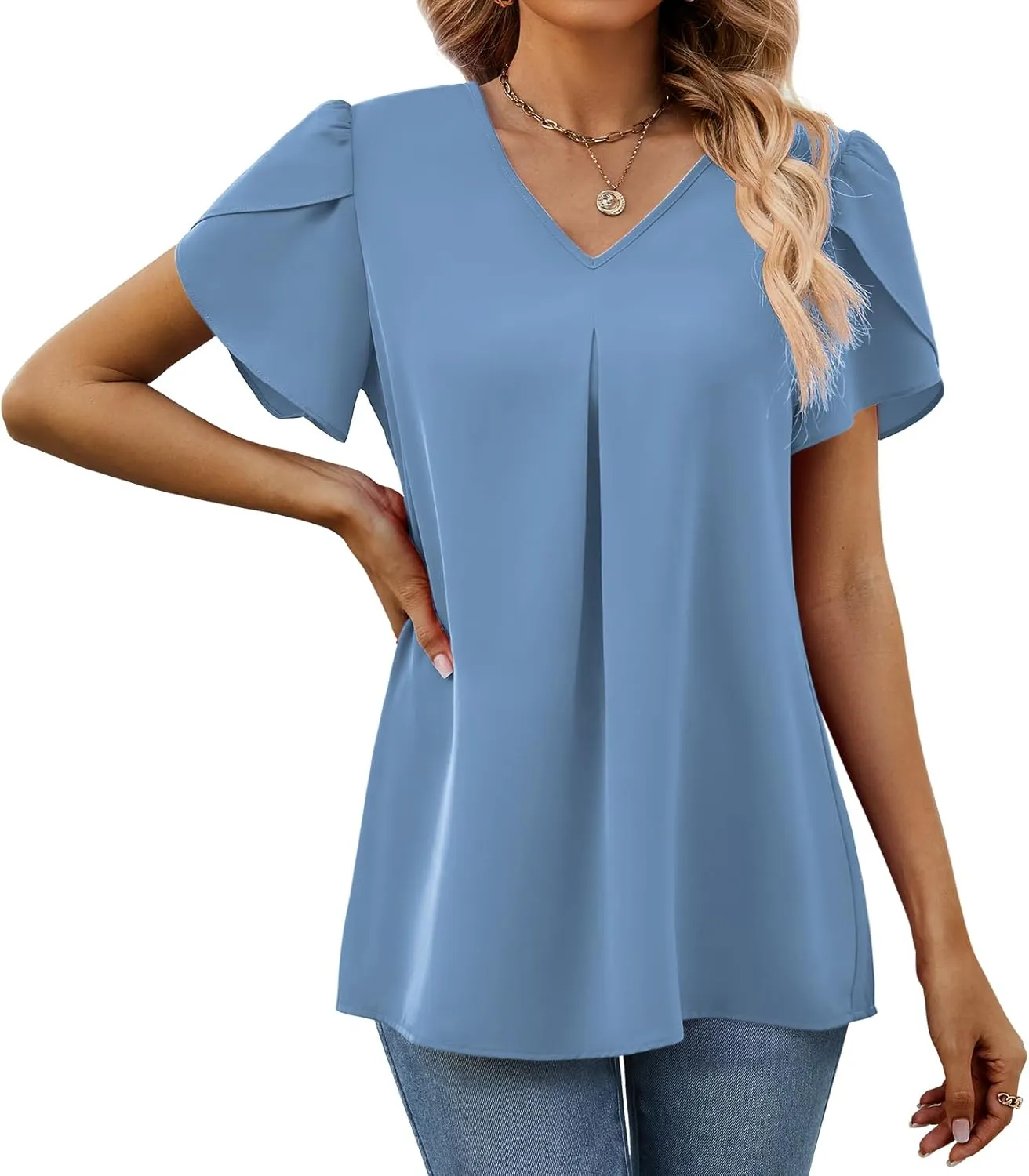 Funlingo Women's Summer Tops Short Sleeve Dressy Chiffon Blouses V Neck Work Tunic Tops Casual Loose T-Shirts