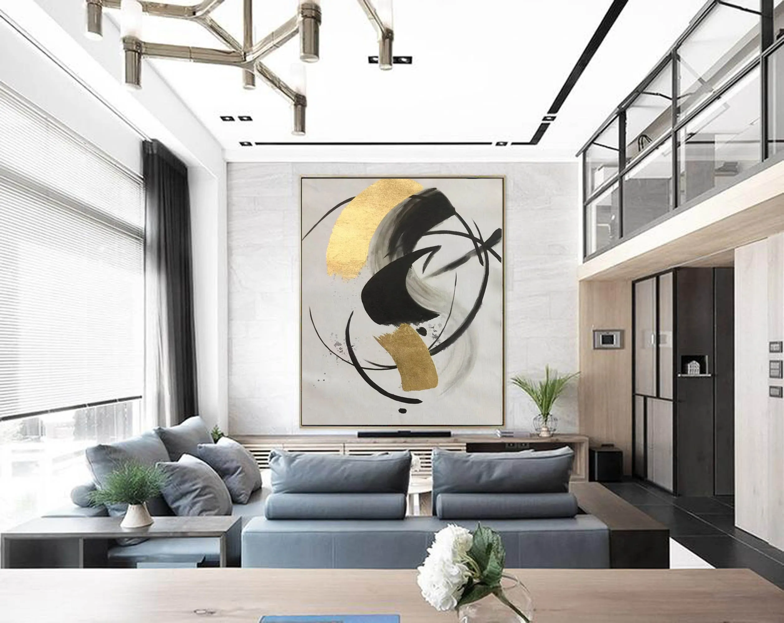 Gold Black White Minimalist Painting on Canvas Oversized Abstract Art Np090