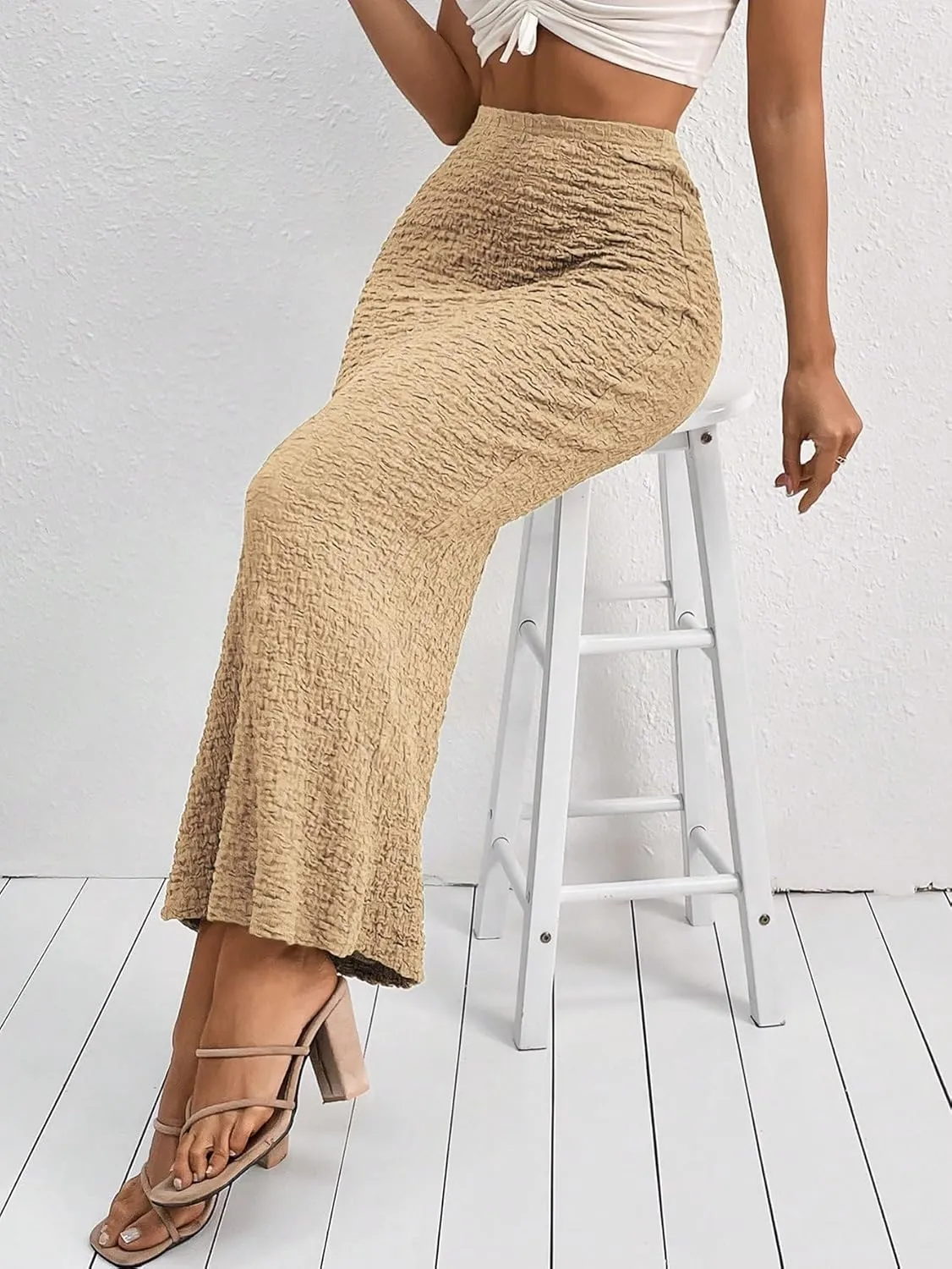 GORGLITTER Women's High Waisted Long Pencil Skirts Ribbed Knit Flowy Bodycon Maxi Skirt Summer Trendy 2025