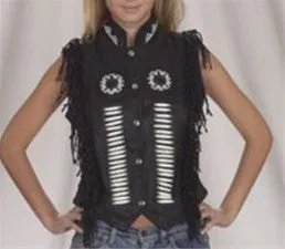 Ladies Leather Top with Beads, Bone, Braids and Fringes