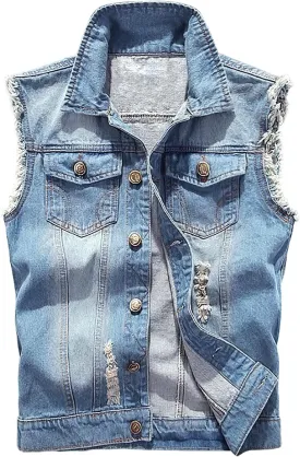 LONGBIDA Men's Denim Vest Casual Slim Fit Sleeveless Jacket Vintage Ripped Summer Jean Vests