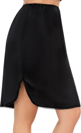 Lovasy Half Slips for Women Silk Underskirt Anti-Static Short Mini Skirt with Floral Lace Trim Satin Slip Dress for Skirt Dresses Black,3X-Large