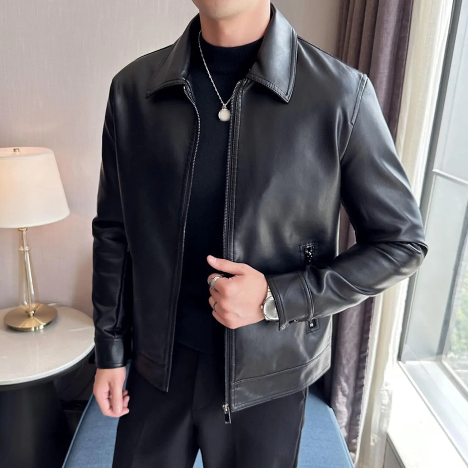 Maiyifu-GJ Men's Faux Leather Jacket Casual Slim Fit Leather Motorcycle Jacket Lightweight Zip-Up Biker Coat Windbreaker