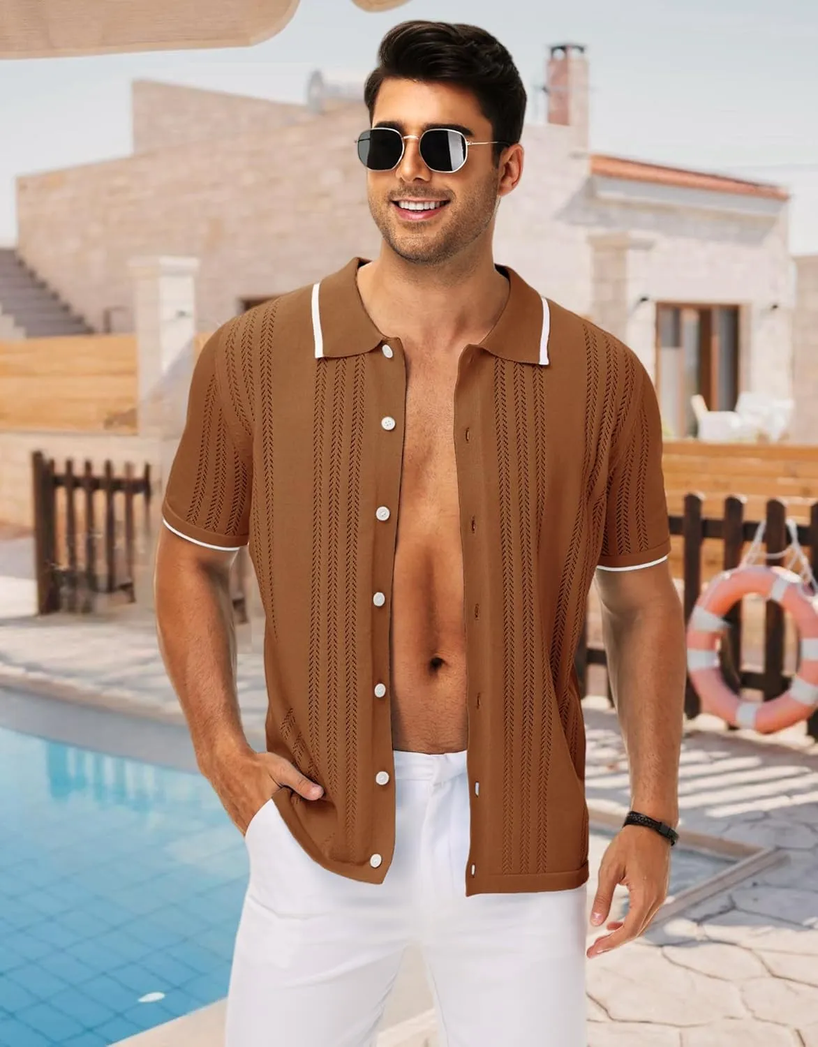 MAPICK Men's Button Down Polo Shirt Casual Short Sleeve Knit Shirt Summer Vacation Beach Clothes