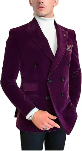 Mens Double Breasted Velvet Blazer Jacket Notch Lapel Dinner Coat Wedding Party Tuxedos Jacket Casual Wear