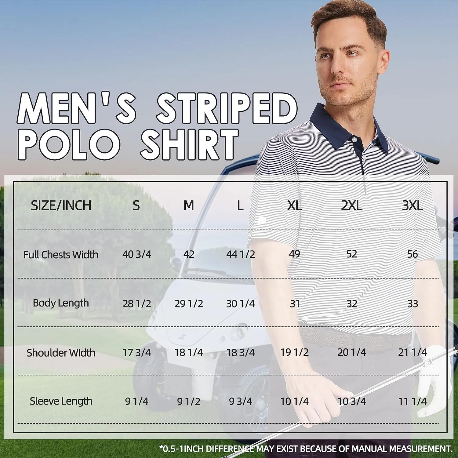 Mens Golf Polo Shirt Moisture Wicking Dry Fit Performance Athletic Short Sleeve Striped Golf Shirts for Men