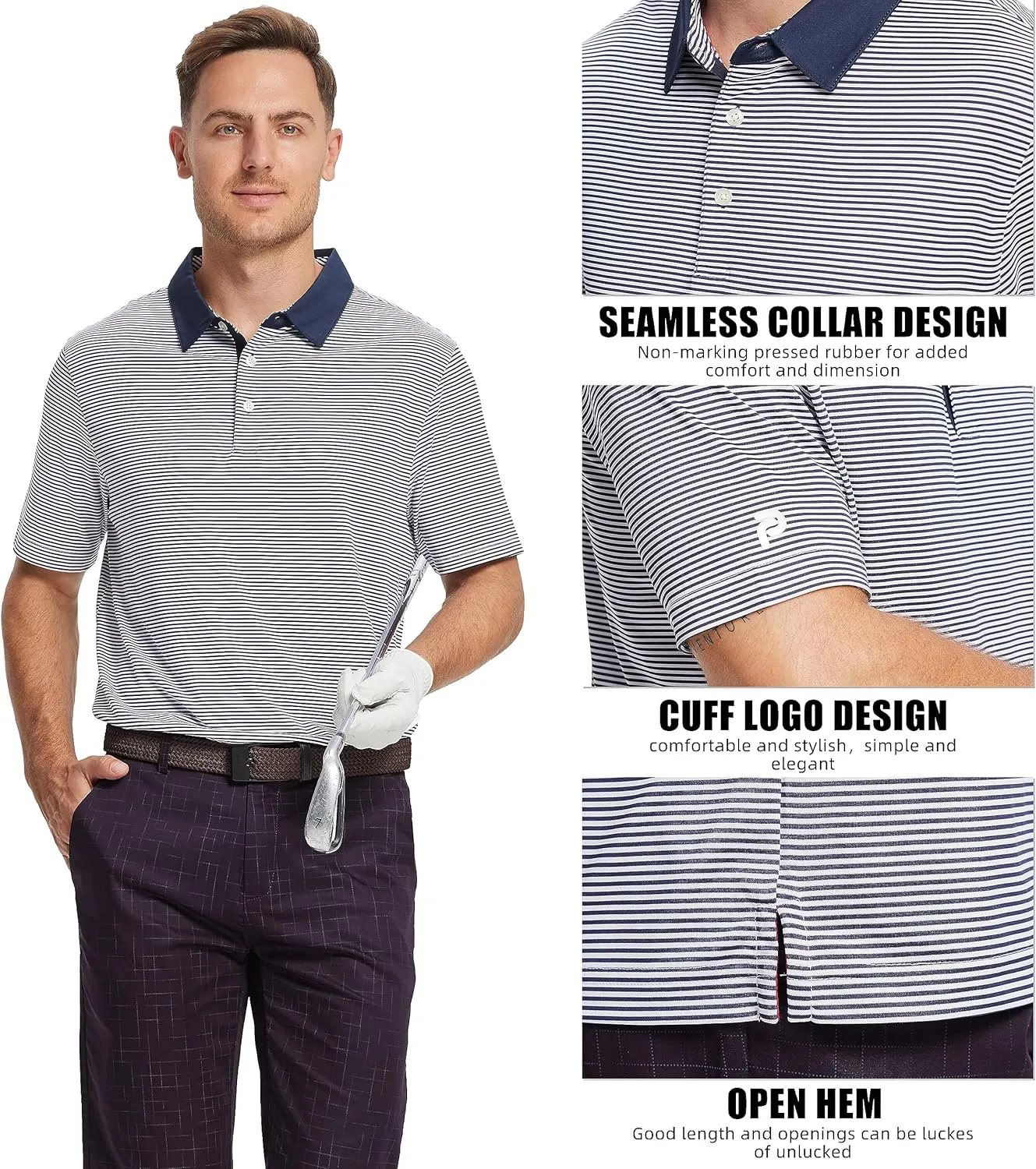 Mens Golf Polo Shirt Moisture Wicking Dry Fit Performance Athletic Short Sleeve Striped Golf Shirts for Men