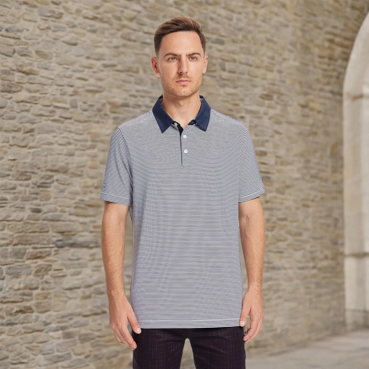 Mens Golf Polo Shirt Moisture Wicking Dry Fit Performance Athletic Short Sleeve Striped Golf Shirts for Men