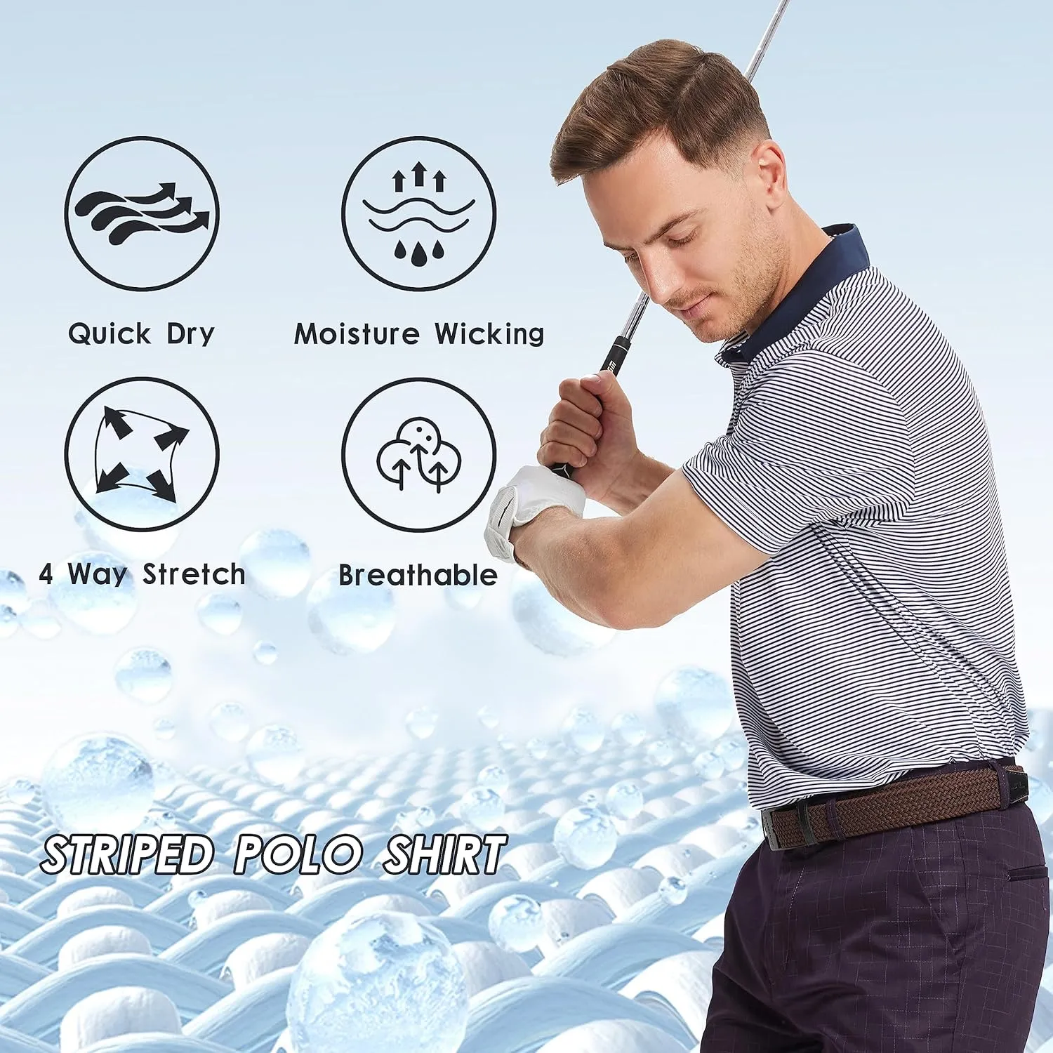 Mens Golf Polo Shirt Moisture Wicking Dry Fit Performance Athletic Short Sleeve Striped Golf Shirts for Men