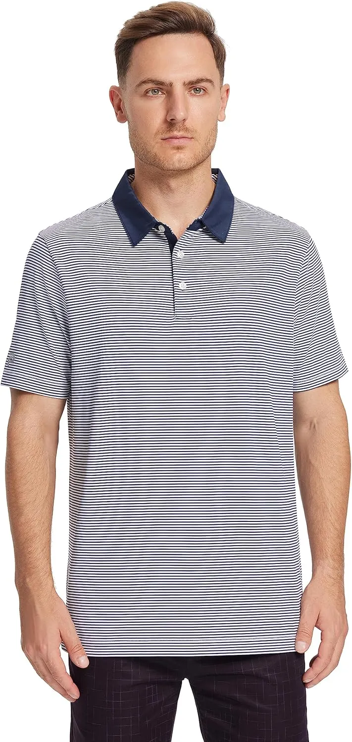 Mens Golf Polo Shirt Moisture Wicking Dry Fit Performance Athletic Short Sleeve Striped Golf Shirts for Men