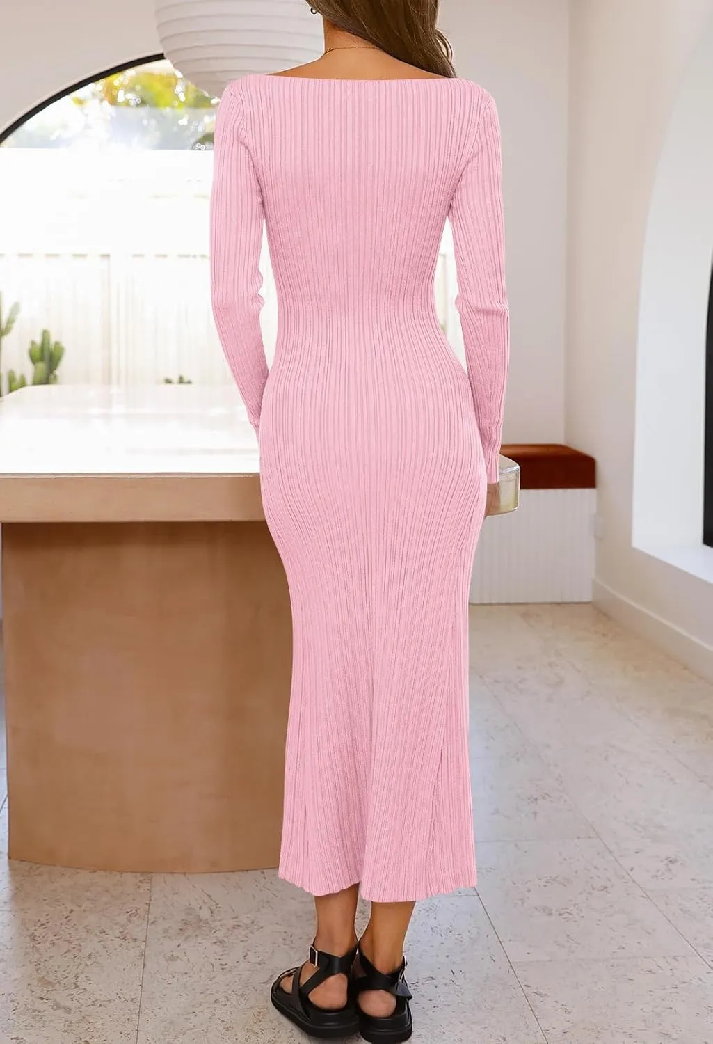 MEROKEETY Women's 2025 Long Sleeve Bodycon Sweater Dress Fall Crew Neck Ribbed Knit Maxi Dresses