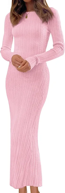 MEROKEETY Women's 2025 Long Sleeve Bodycon Sweater Dress Fall Crew Neck Ribbed Knit Maxi Dresses
