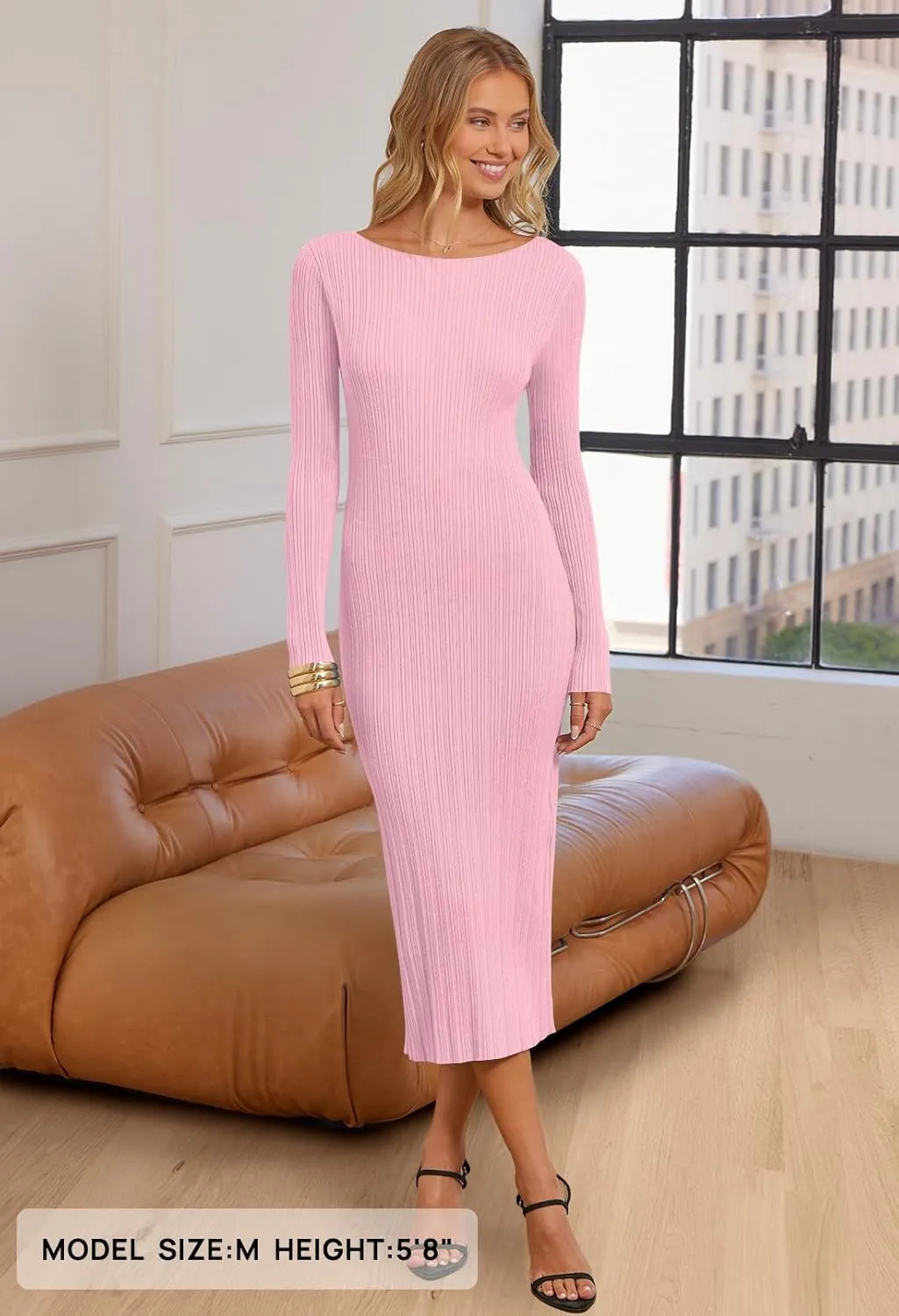 MEROKEETY Women's 2025 Long Sleeve Bodycon Sweater Dress Fall Crew Neck Ribbed Knit Maxi Dresses