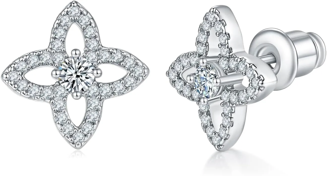 MINDDHA 14K Gold Plated Sud| 925 Sterling Silver Post| Clover Butterfly Heart Bow Stud Earrings for Women  Dainty Earrings with Cubic Zirconia  Jewelry for Everyday Wear or Occasions