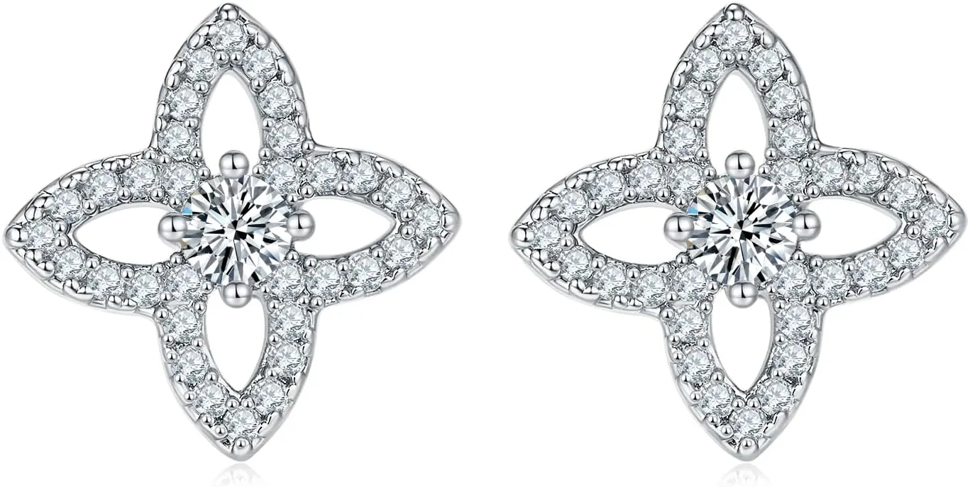 MINDDHA 14K Gold Plated Sud| 925 Sterling Silver Post| Clover Butterfly Heart Bow Stud Earrings for Women  Dainty Earrings with Cubic Zirconia  Jewelry for Everyday Wear or Occasions