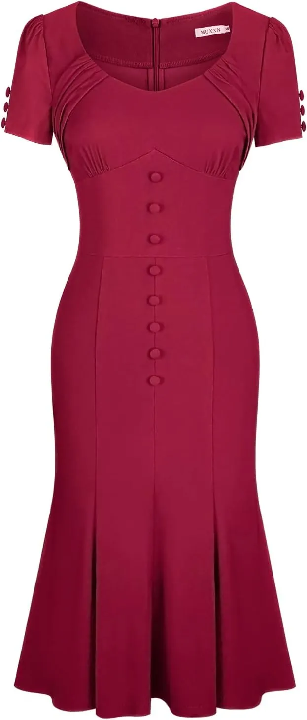 MUXXN Women's 1950s Retro Dress Vintage Short Sleeve Button Down Mermaid Bodycon Midi Casual Work Cocktail Dresses