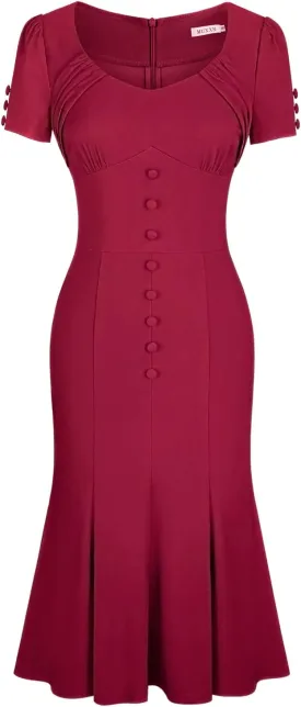 MUXXN Women's 1950s Retro Dress Vintage Short Sleeve Button Down Mermaid Bodycon Midi Casual Work Cocktail Dresses