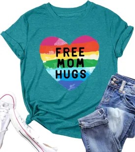 Pride Shirt Women Free Mom Hugs T Shirts Rainbows Heart Graphic Tees LGBT Gay Pride Tshirts Ally Shirt Tops