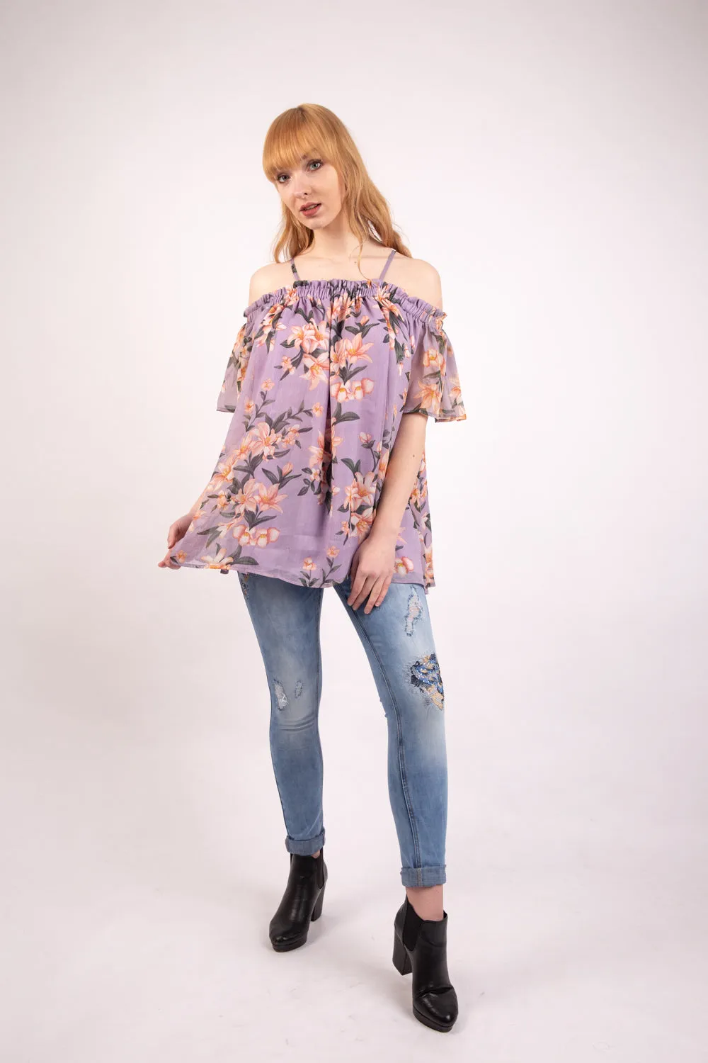 Purple Floral Print Chiffon Cami Cold Shoulder Top