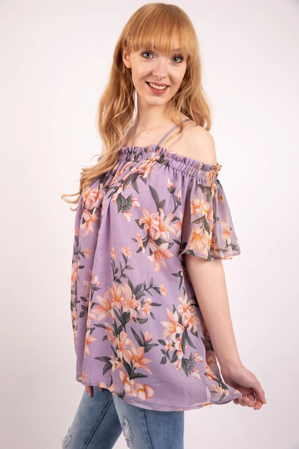 Purple Floral Print Chiffon Cami Cold Shoulder Top