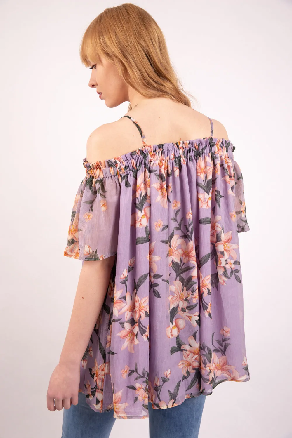 Purple Floral Print Chiffon Cami Cold Shoulder Top