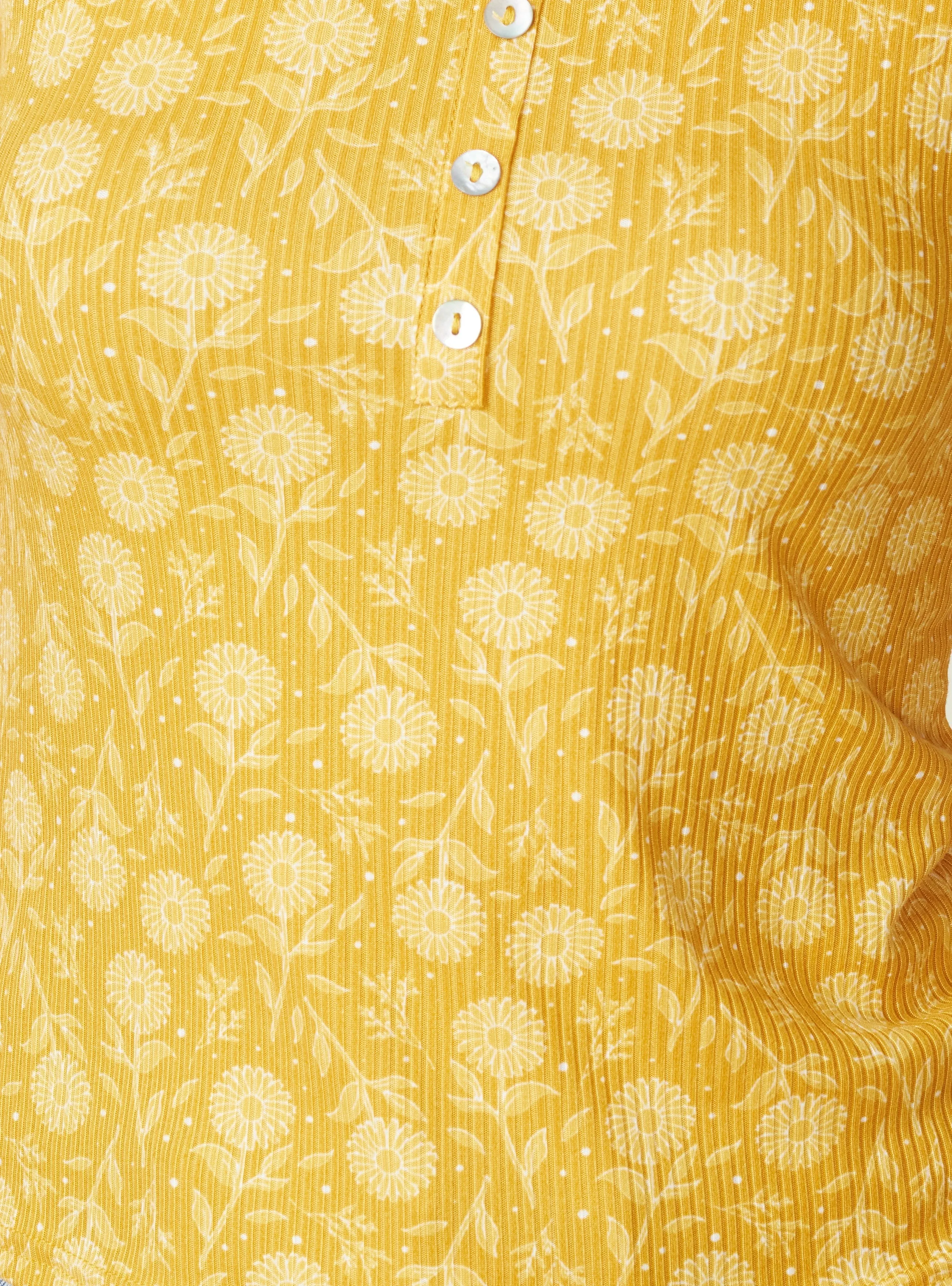 Rib Knit T-Shirt Tops with Lace Trim and Button Detail - Yellow Floral Print