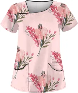 Scrubs for Women Short Sleeve Slant Collar Care Workwear Dressy Print T Shirts Classic Scrubs Tops with 4 Pockets