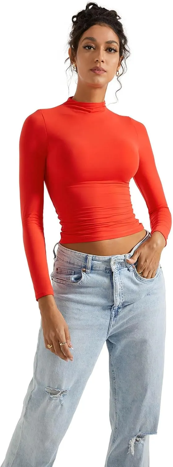 SUUKSESS Women Double Lined Mock Turtle Neck Long Sleeve T Shirt Fitted Y2k Crop Top