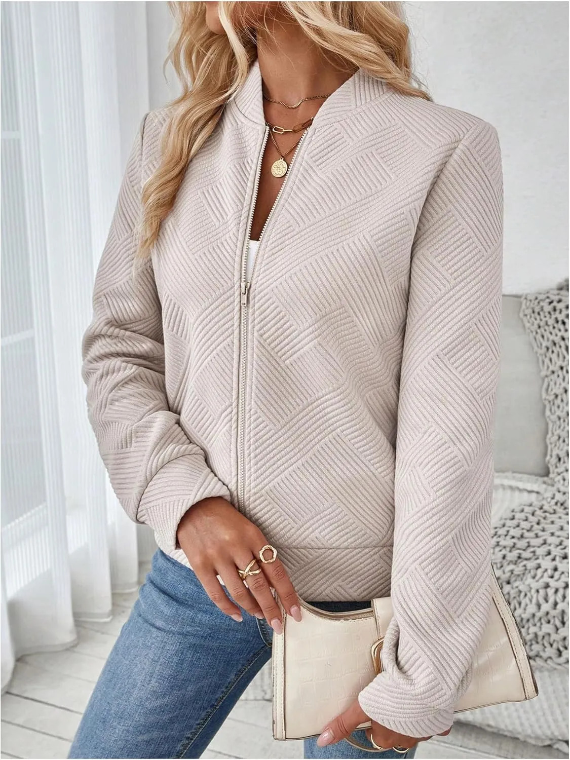Verdusa Women's Zip Up Textured Bomber Jacket Casual Long Sleeve Outerwear