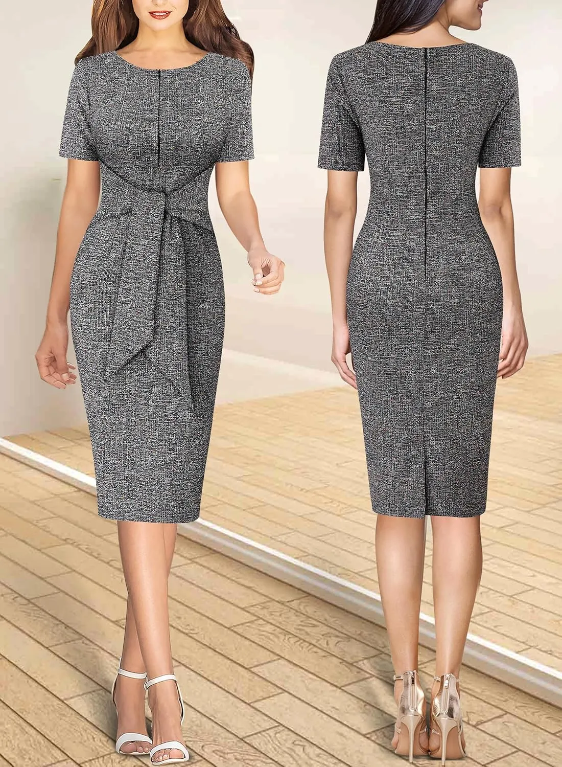 VFSHOW Womens Front Zipper Tie Waist Bow Belted Slim Wear to Work Business Office Bodycon Pencil Dress