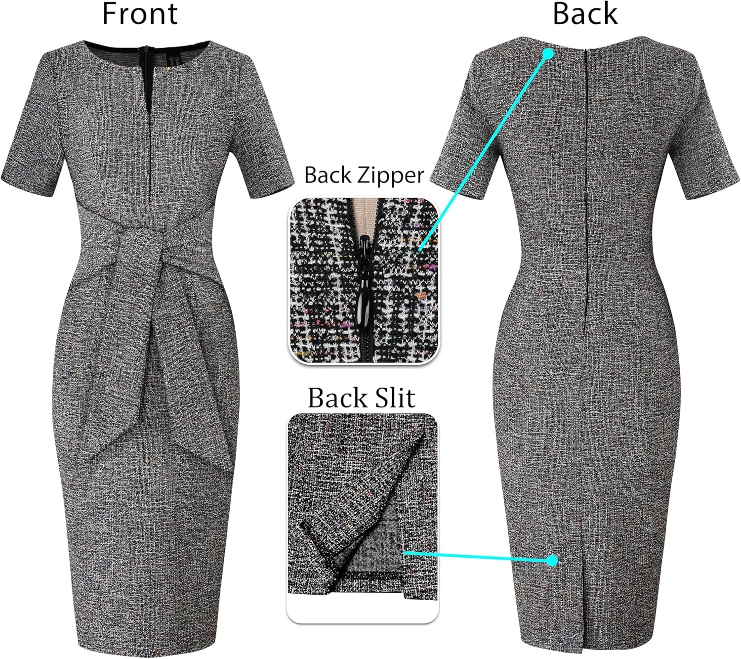VFSHOW Womens Front Zipper Tie Waist Bow Belted Slim Wear to Work Business Office Bodycon Pencil Dress