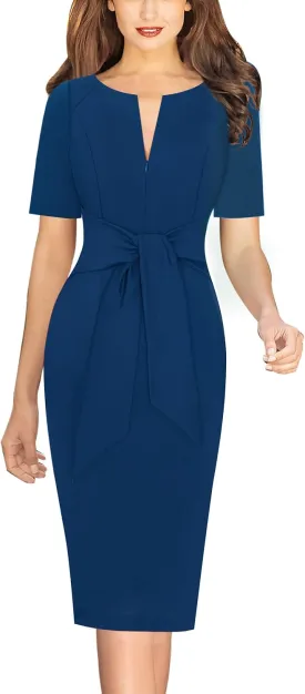 VFSHOW Womens Front Zipper Tie Waist Bow Belted Slim Wear to Work Business Office Bodycon Pencil Dress