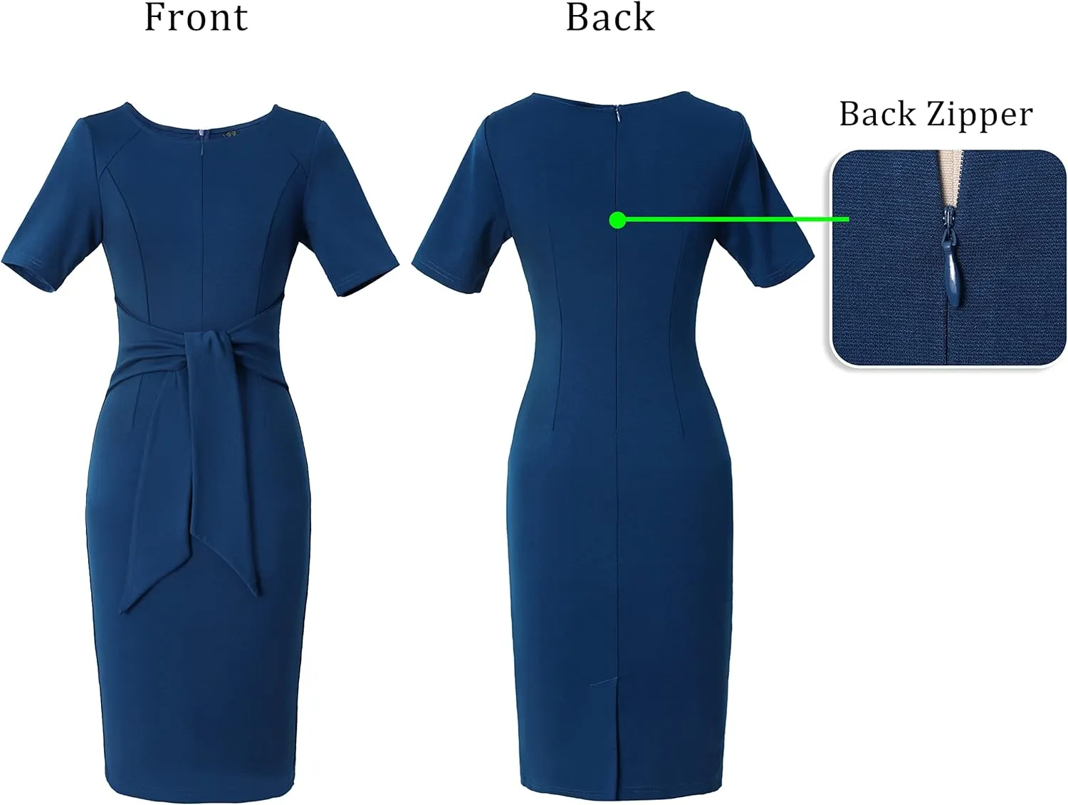 VFSHOW Womens Front Zipper Tie Waist Bow Belted Slim Wear to Work Business Office Bodycon Pencil Dress